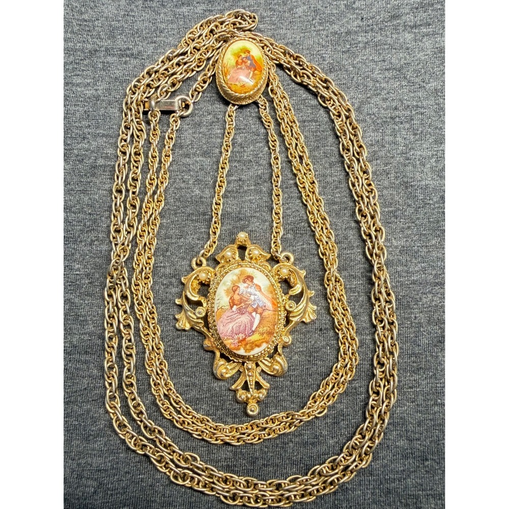 Necklace Gold Tone Faux Pearl Fragonard Courting Couple Victorian Style 24 In - Picture 2 of 14